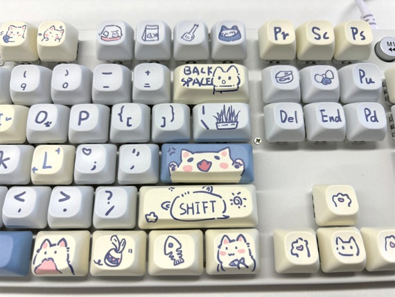 145keys Cute Cat Keycap Set, Blue Keycaps, MOC Profile Keycaps, PBT Keycaps, cherry mx keycap, mechanical keyboard keycap, animal Keycaps