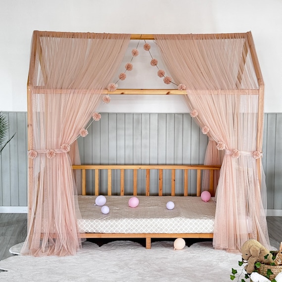 Light Powder Montessori Bed Canopy, Kids Bed Canopy, Montessori Bed Curtains, Kids Room Decor, Mosquito Net for Bed Nursery, Tulle Canopy - Image 3