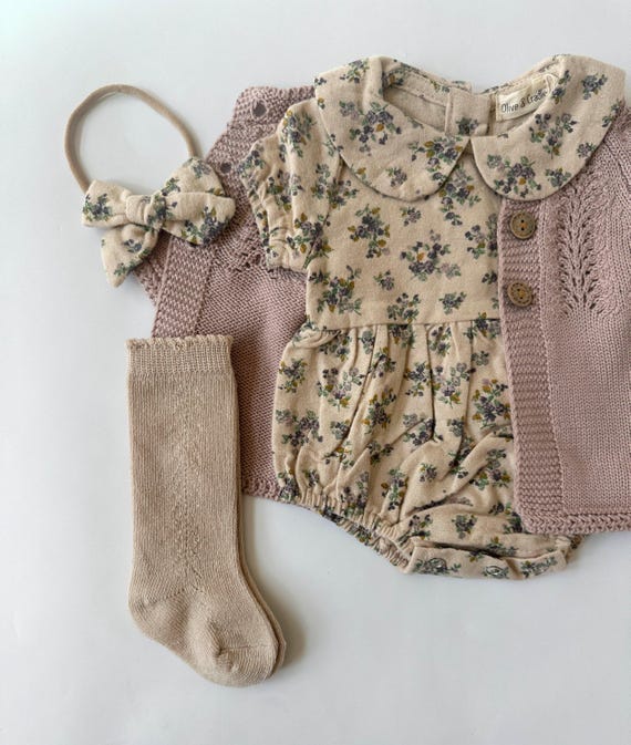 Baby Girl Cotton Floral VIOLETTA collar Romper | OPTION SETS| socks + Bow + Cardigan - Image 4