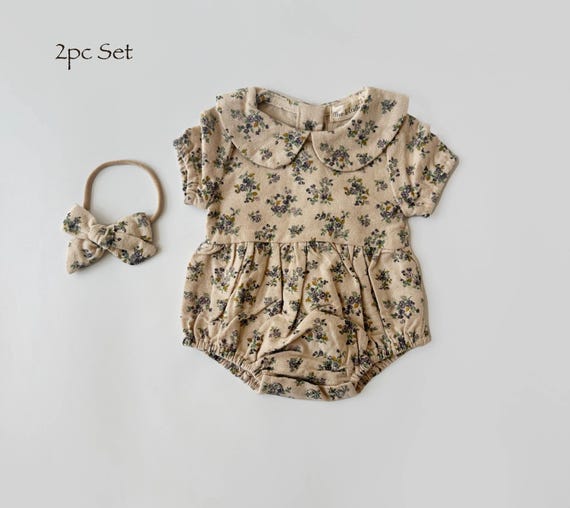 Baby Girl Cotton Floral VIOLETTA collar Romper | OPTION SETS| socks + Bow + Cardigan - Image 5