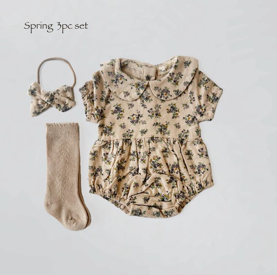 Baby Girl Cotton Floral VIOLETTA collar Romper | OPTION SETS| socks + Bow + Cardigan - Image 6