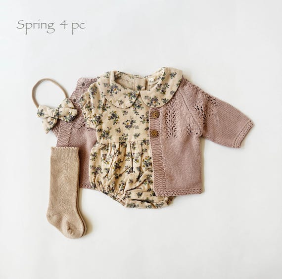 Baby Girl Cotton Floral VIOLETTA collar Romper | OPTION SETS| socks + Bow + Cardigan