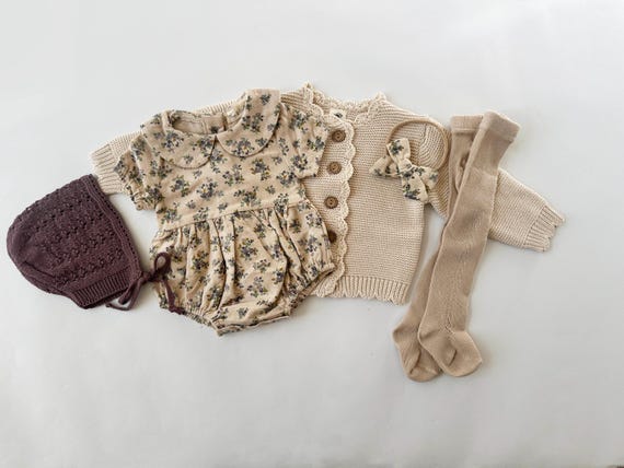 Baby Girl Cotton Floral VIOLETTA collar Romper | OPTION SETS| socks + Bow + Cardigan - Image 2