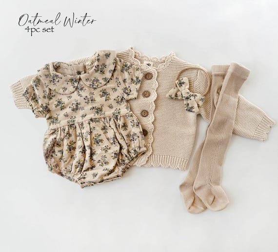 Baby Girl Cotton Floral VIOLETTA collar Romper | OPTION SETS| socks + Bow + Cardigan - Image 8