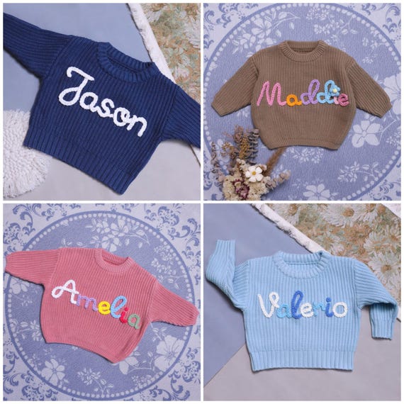 Personalized Baby Name Sweater, Custom Knit Sweater, Newborn Sweater with Name, Hand-Embroidered Sweater, Birthday Gift for Baby, Baby Gift - Image 2
