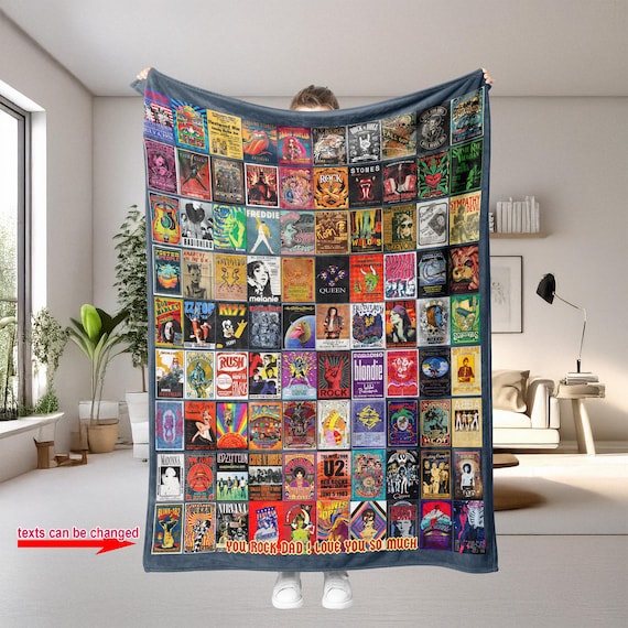 Personalized Rock & Roll Collage Blanket, Custom Music Poster Quilt, Retro Rock Band Throw, Music Lover Gift for Dad Mom Fans