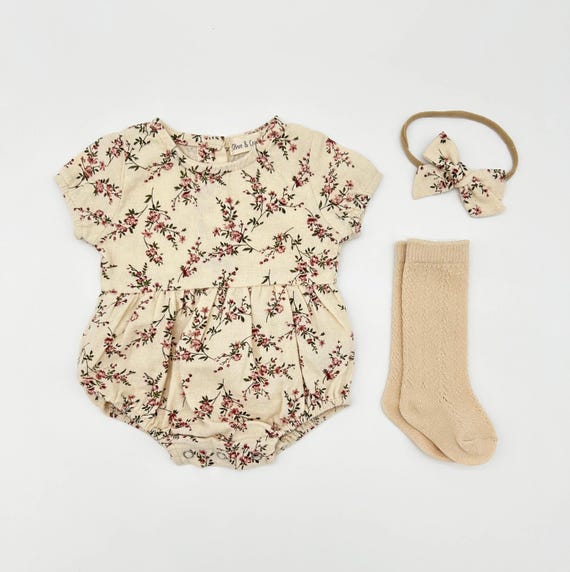 Baby Girl Cotton Floral Bubble Romper with Bow | Matching SET OPTIONS Socks Cardigan | Anessa - Image 4