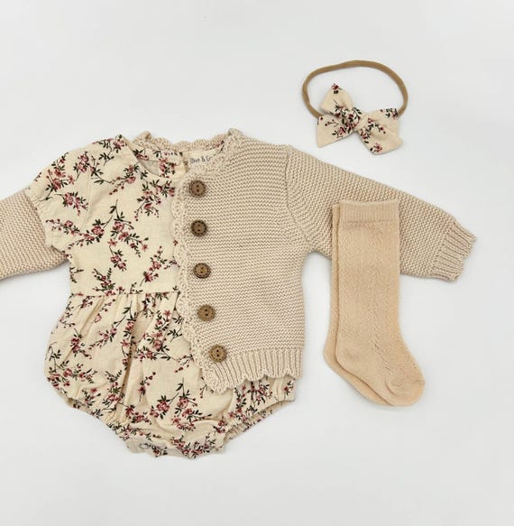 Baby Girl Cotton Floral Bubble Romper with Bow | Matching SET OPTIONS Socks Cardigan | Anessa - Image 6