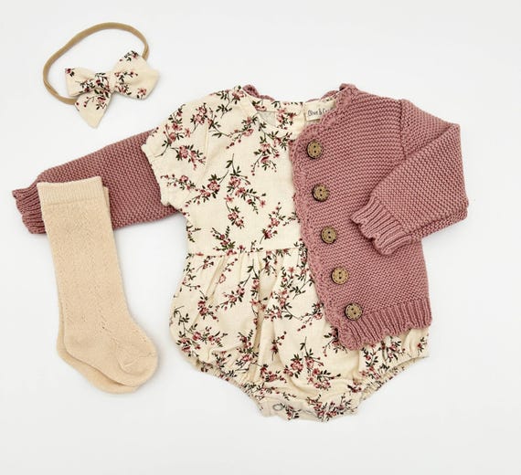 Baby Girl Cotton Floral Bubble Romper with Bow | Matching SET OPTIONS Socks Cardigan | Anessa