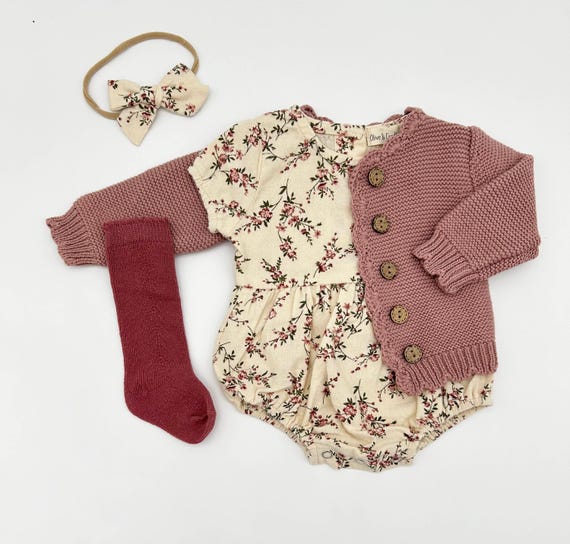 Baby Girl Cotton Floral Bubble Romper with Bow | Matching SET OPTIONS Socks Cardigan | Anessa - Image 5