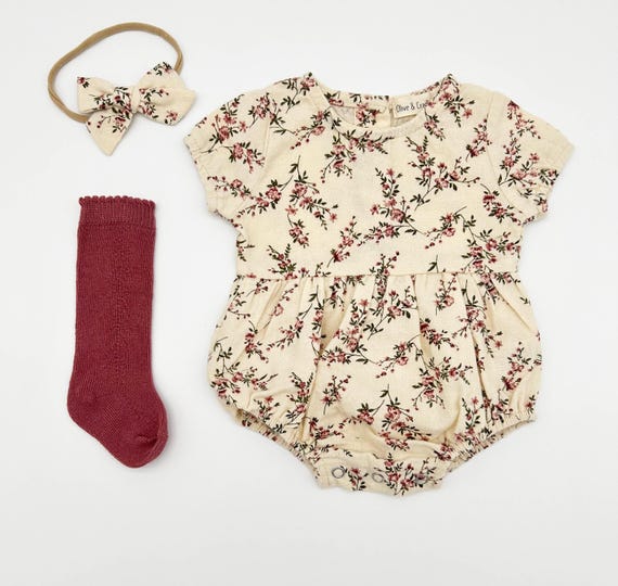 Baby Girl Cotton Floral Bubble Romper with Bow | Matching SET OPTIONS Socks Cardigan | Anessa - Image 3