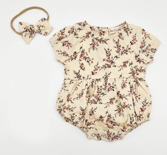 Baby Girl Cotton Floral Bubble Romper with Bow | Matching SET OPTIONS Socks Cardigan | Anessa - Image 2