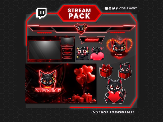 Valentine's Day Cat Stream Overlays, Animated emotes, Twitch Alerts, Panels, Twitch Emotes, Sub Badges, Screen Overlays, Webcam Overlays