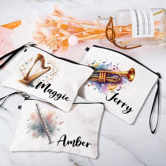 Custom Name Musical Instrument Cosmetic Bag, Linen Makeup Pouch with Wrist Strap, Performer Accessory, Gift for Music Lover/Musician/Pianist