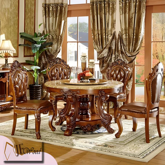 European Luxury Dining Room Set. Classic Hand Carved Kitchen set Table and Chair. Teak Wood Dining Room Furniture - Image 2
