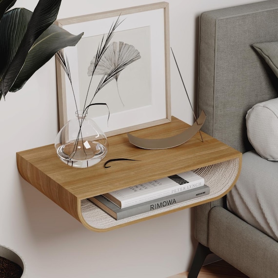 Floating Nightstand Wall Mounted, Modern Walnut Wood Bedside Nightstand, Unique Wall Hanging Oak Nightstands - Image 7