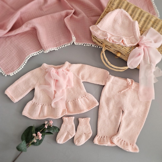 Baby Girl 4-Piece Set,Newborn Baby Girl Gift,Knitted Newborn Girl Outfit,Pink Baby Girl Clothes,Baby Girl Hospital Outfit,Grandchild Gift - Image 9