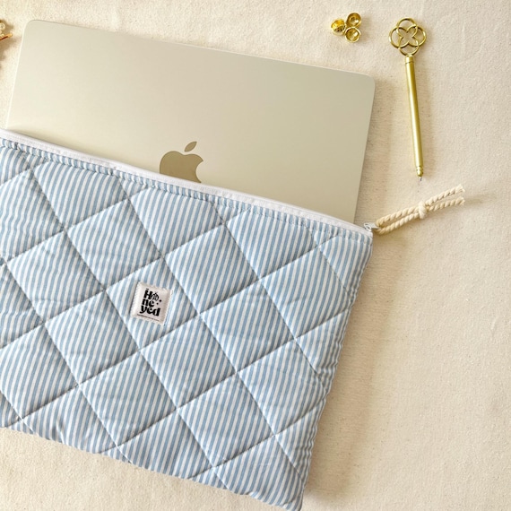 Blue Lines Laptop Sleeve, Quilted Cotton iPad Tablet Sleeve, Macbook Case - Image 2