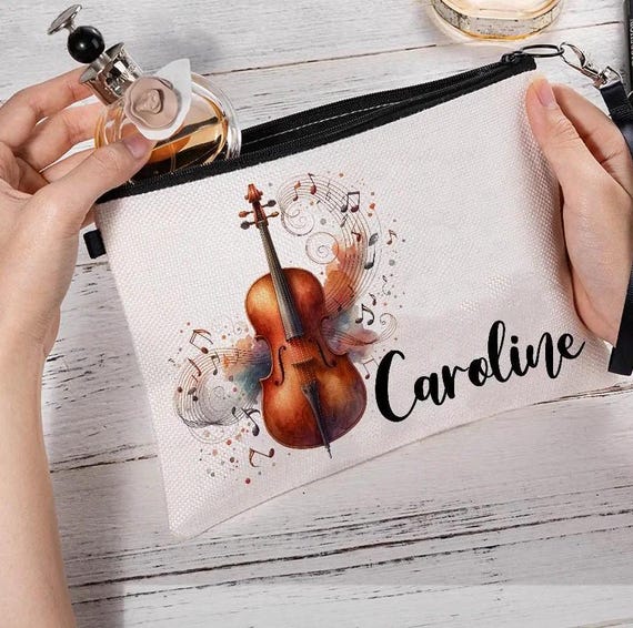 Custom Name Musical Instrument Cosmetic Bag, Linen Makeup Pouch with Wrist Strap, Performer Accessory, Gift for Music Lover/Musician/Pianist - Image 2