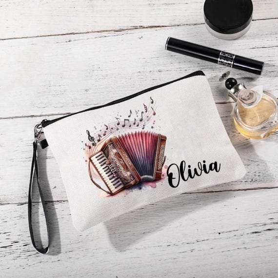 Custom Name Musical Instrument Cosmetic Bag, Linen Makeup Pouch with Wrist Strap, Performer Accessory, Gift for Music Lover/Musician/Pianist - Image 3