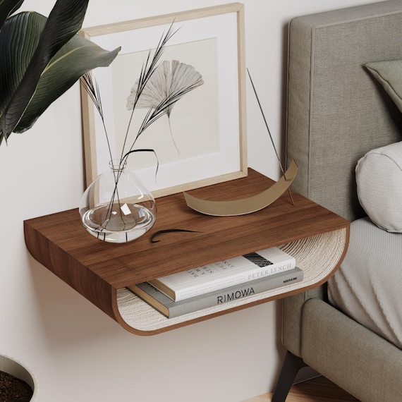 Floating Nightstand Wall Mounted, Modern Walnut Wood Bedside Nightstand, Unique Wall Hanging Oak Nightstands