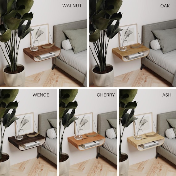 Floating Nightstand Wall Mounted, Modern Walnut Wood Bedside Nightstand, Unique Wall Hanging Oak Nightstands - Image 4