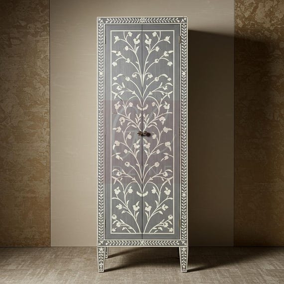 Handcrafted Bone Inlay Cabinet: Floral Vine Design, Luxury Living Room Furniture