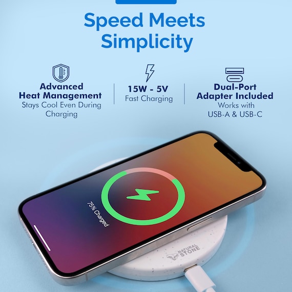 15W Natural Stone Wireless Charging Pad w/ 20W USB-C Adapter w/ Overheat & Short Circuit Protection - Image 3