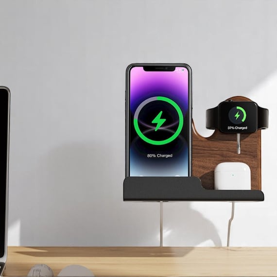Wall-Mounted Walnut Charging Station: Wireless Dock for iPhone, Apple Watch & AirPods - Image 2