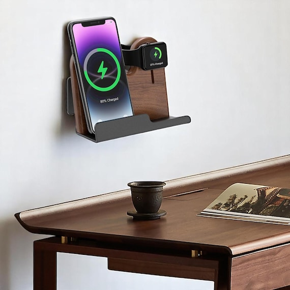 Wall-Mounted Walnut Charging Station: Wireless Dock for iPhone, Apple Watch & AirPods - Image 3