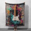 Electric Guitar Hobby Woven Blanket 100% Cotton, Musician Profession Gift Blanket, Rock Music Interest, Street Art Decor, Guitarist Birthday