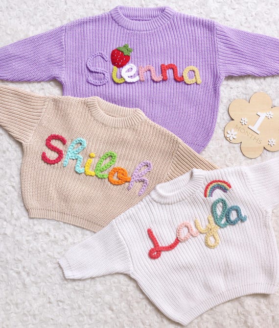 Personalized Baby Name Sweater, Custom Knit Sweater, Newborn Sweater with Name, Hand-Embroidered Sweater, Birthday Gift for Baby, Baby Gift - Image 3
