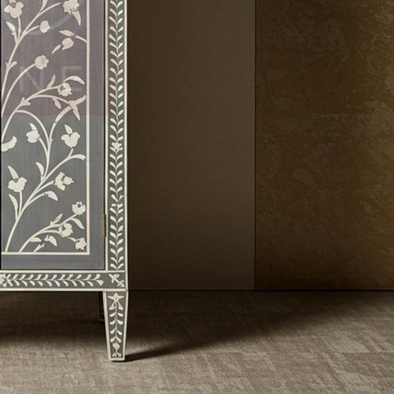 Handcrafted Bone Inlay Cabinet: Floral Vine Design, Luxury Living Room Furniture - Image 3