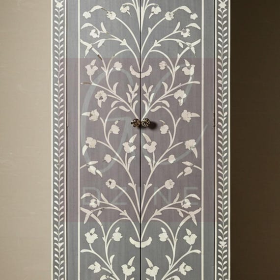 Handcrafted Bone Inlay Cabinet: Floral Vine Design, Luxury Living Room Furniture - Image 4