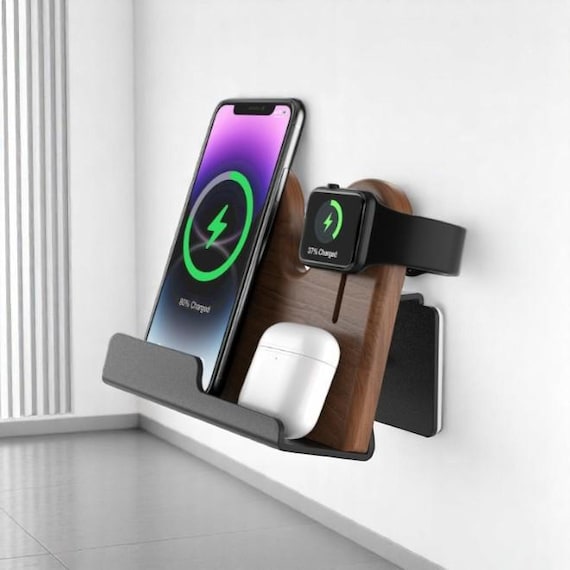 Wall-Mounted Walnut Charging Station: Wireless Dock for iPhone, Apple Watch & AirPods