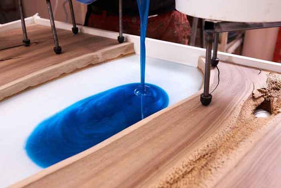 Blue Resin Epoxy Dining Table | Live Edge Slab Top with River Design | Handmade Mid-Century Modern Wood and Resin Furniture for Dining Decor - Image 6