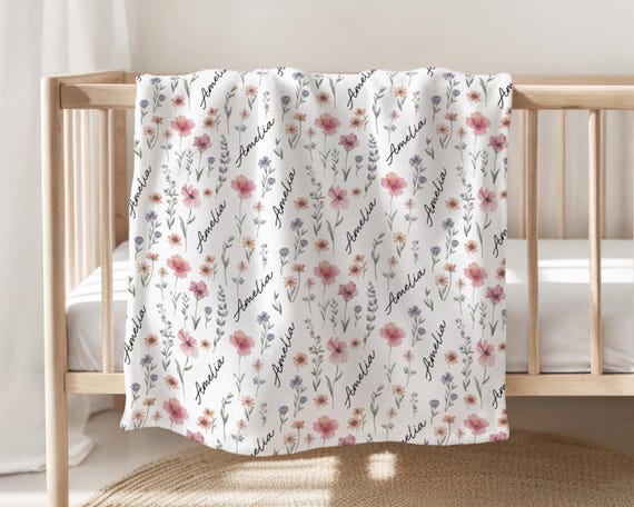 Personalized Wildflower Baby Blanket, Custom Baby Name Blanket, Newborn Girl Nursery Decor, Newborn Swaddle, Hospital Blanket, Gift for Baby - Image 5