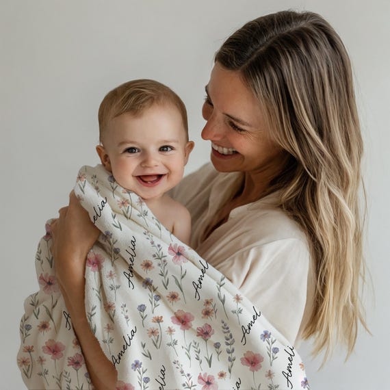 Personalized Wildflower Baby Blanket, Custom Baby Name Blanket, Newborn Girl Nursery Decor, Newborn Swaddle, Hospital Blanket, Gift for Baby - Image 8