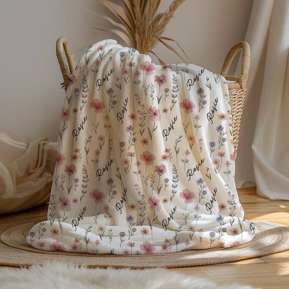 Personalized Wildflower Baby Blanket, Custom Baby Name Blanket, Newborn Girl Nursery Decor, Newborn Swaddle, Hospital Blanket, Gift for Baby - Image 7