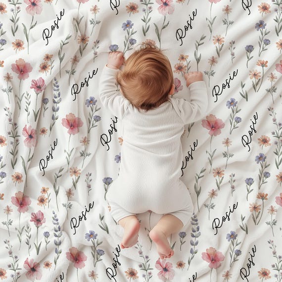 Personalized Wildflower Baby Blanket, Custom Baby Name Blanket, Newborn Girl Nursery Decor, Newborn Swaddle, Hospital Blanket, Gift for Baby - Image 2