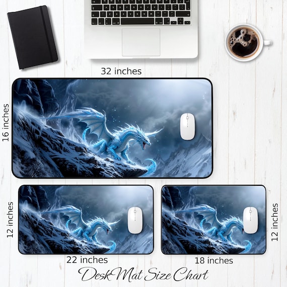 Ice Dragon Gaming Desk Mat, Fantasy Desk Pad, Aesthetic Mousepad, Mythical Creature Art, Gift for Gamers, Neoprene Mat, Personalizable - Image 2