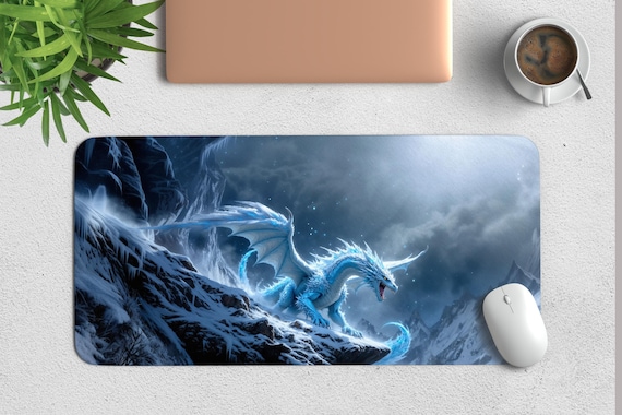 Ice Dragon Gaming Desk Mat, Fantasy Desk Pad, Aesthetic Mousepad, Mythical Creature Art, Gift for Gamers, Neoprene Mat, Personalizable
