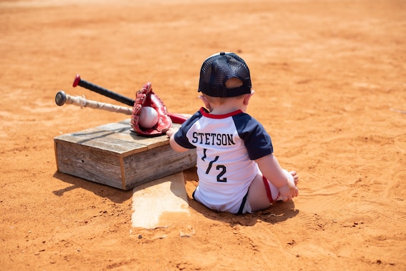 Halfway To First Half Birthday Personalized Baseball Boys Outfit Infant Bodysuit Set 1/2 Way To First® #halfwaytofirst 6‑month milestone - Image 3