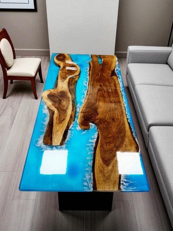 Blue Resin Epoxy Dining Table | Live Edge Slab Top with River Design | Handmade Mid-Century Modern Wood and Resin Furniture for Dining Decor