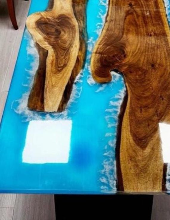 Blue Resin Epoxy Dining Table | Live Edge Slab Top with River Design | Handmade Mid-Century Modern Wood and Resin Furniture for Dining Decor - Image 2