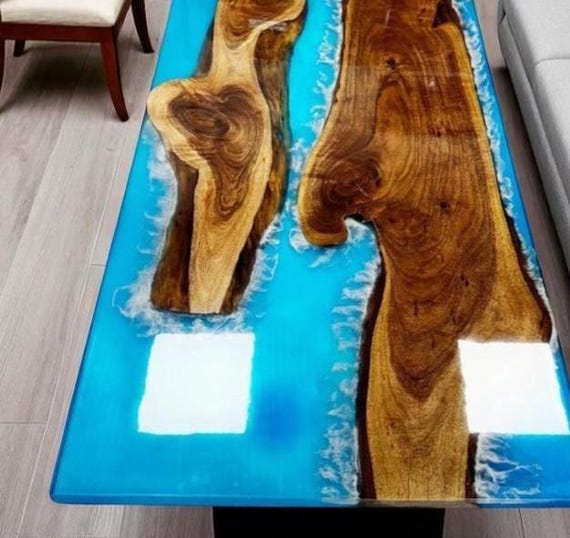 Blue Resin Epoxy Dining Table | Live Edge Slab Top with River Design | Handmade Mid-Century Modern Wood and Resin Furniture for Dining Decor - Image 4