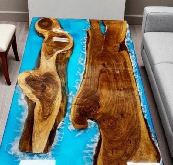Blue Resin Epoxy Dining Table | Live Edge Slab Top with River Design | Handmade Mid-Century Modern Wood and Resin Furniture for Dining Decor - Image 5
