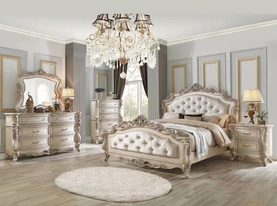 Luxury Classic Bedroom Set with Gold Leaf Hand Carving – Full Set Bed Frame, Nightstands & Dresser