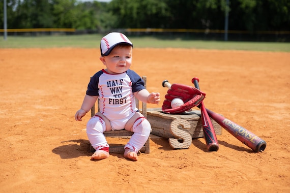 Halfway To First Half Birthday Personalized Baseball Boys Outfit Infant Bodysuit Set 1/2 Way To First® #halfwaytofirst 6‑month milestone - Image 4