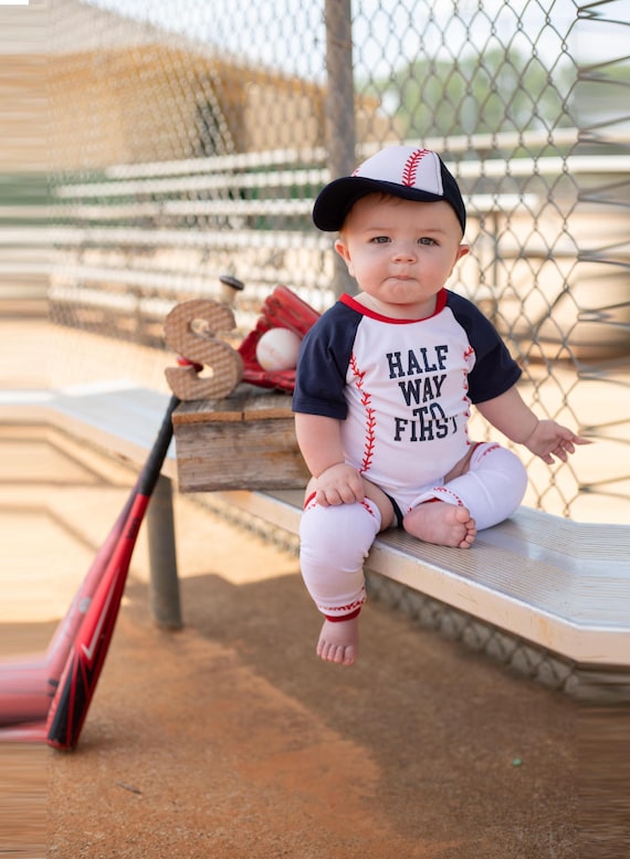 Halfway To First Half Birthday Personalized Baseball Boys Outfit Infant Bodysuit Set 1/2 Way To First® #halfwaytofirst 6‑month milestone